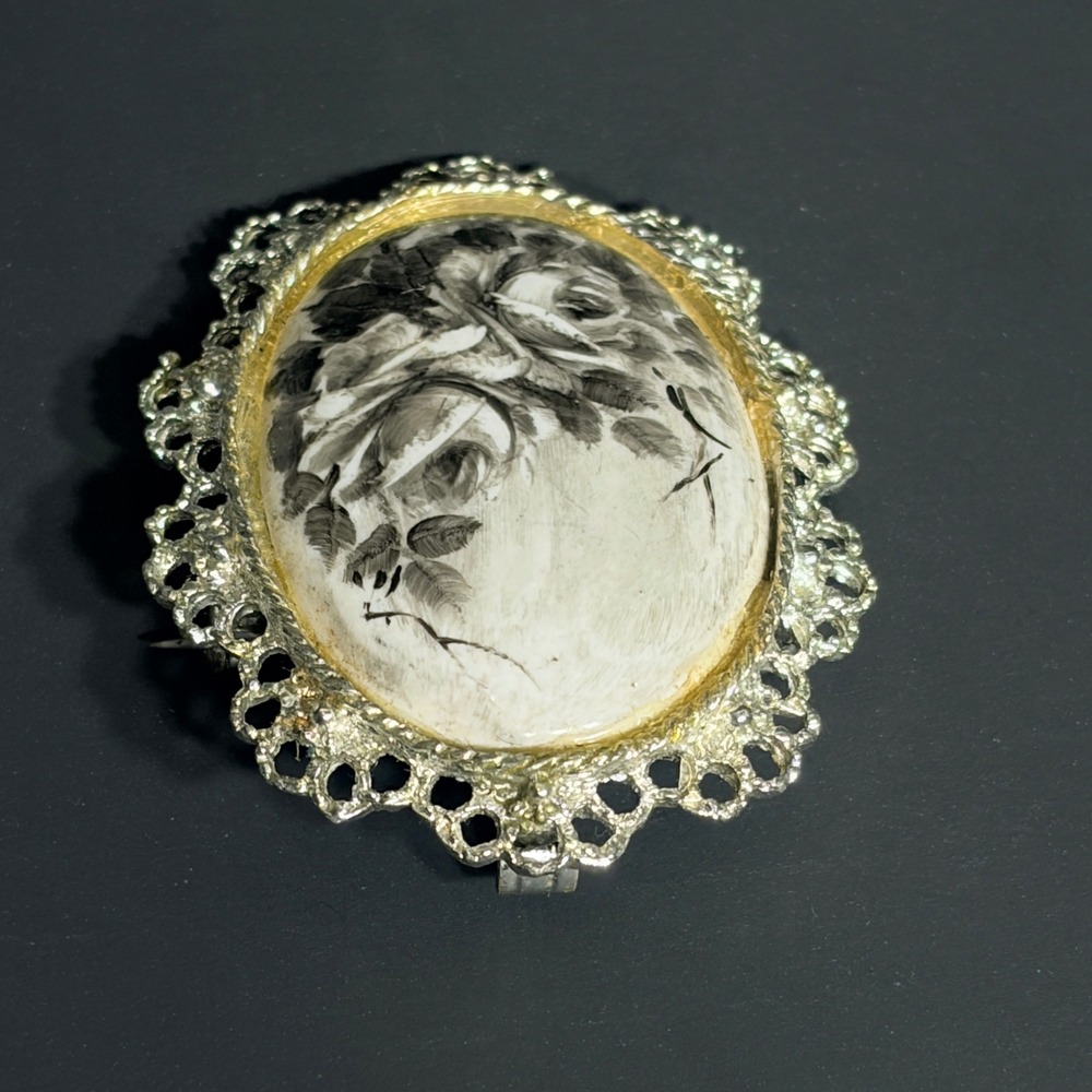 Signed Vtg Hand Painted Porcelain Rose Brooch Pendant Silver Tone Filigree - Picture 6 of 14